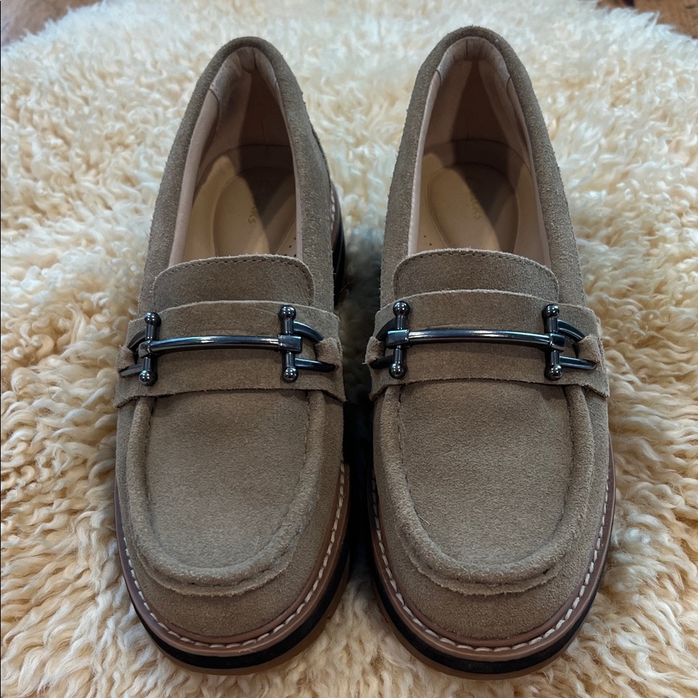 Clark’s Tan Suede Loafers with Silver Buckle
